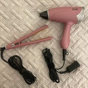 Chi mini hair dryer and flat iron, baby pink color. Perfect for travel!
